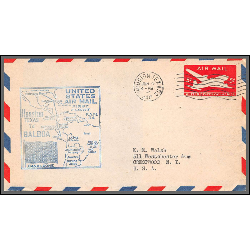 12192 enveloppe bleu fam 34 houston to balboa canal zone 4/6/1948 premier vol first flight lettre airmail cover usa 