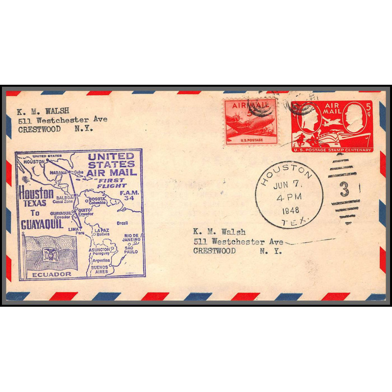 12195 enveloppe violet fam 34 houston to guayaquil ecuador equateur 7/6/1948 premier vol first flight airmail entier 
