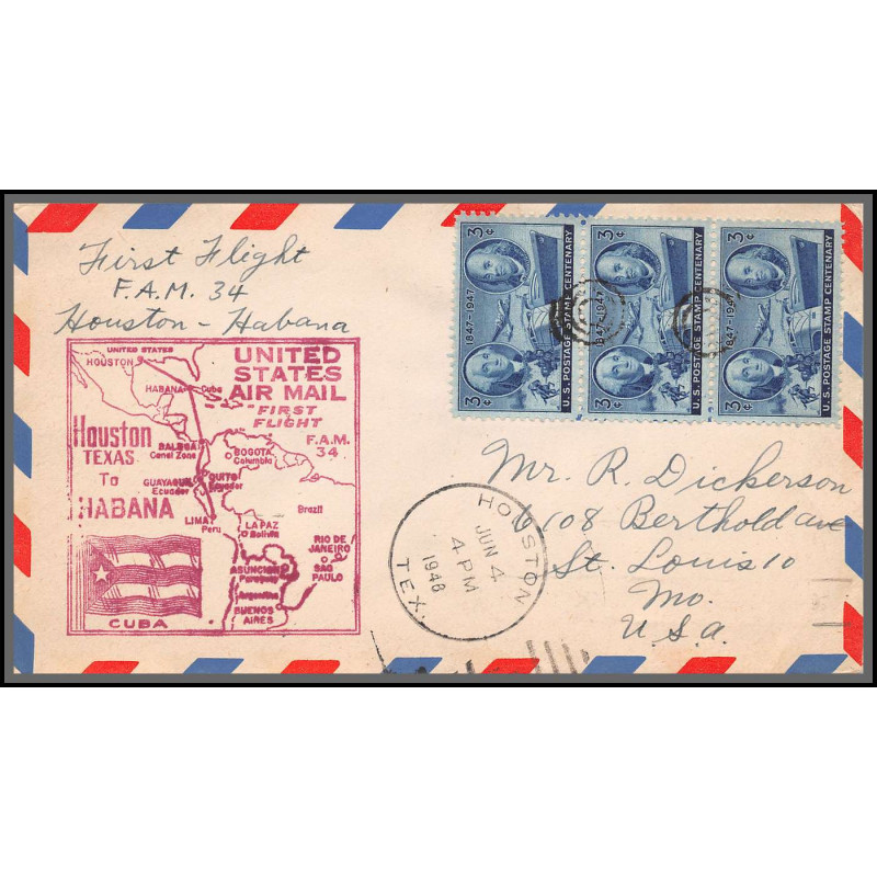 12201 enveloppe rouge fam 34 houston to habana cuba 4/6/1948 premier vol first flight lettre airmail cover usa aviation