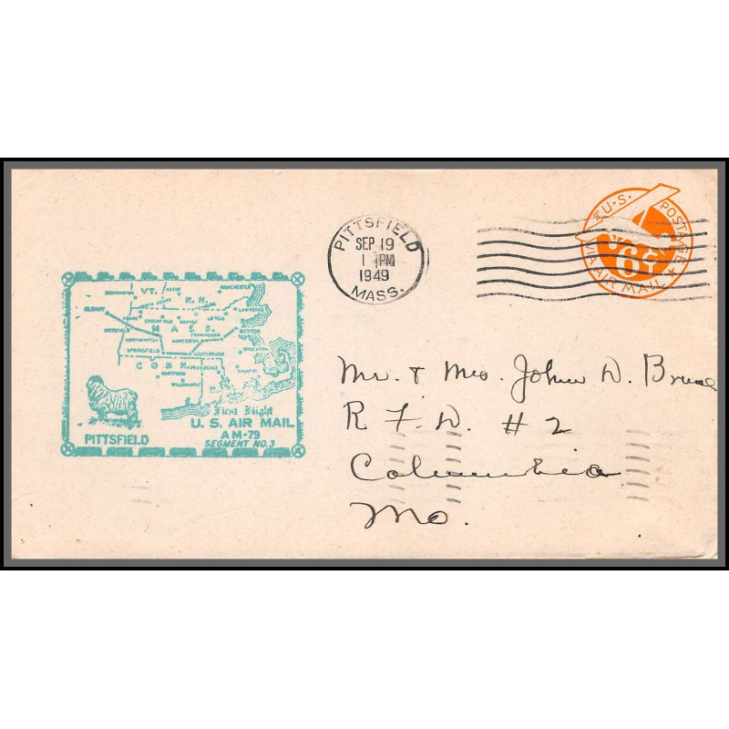 12210 am 79 pittsfield 19/9/1949 premier vol first flight airmail stationery entier usa aviation