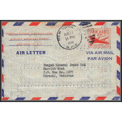 12220 new york karachi pakistan 16/8/1951 premier vol first flight airmail stationery entier usa aviation