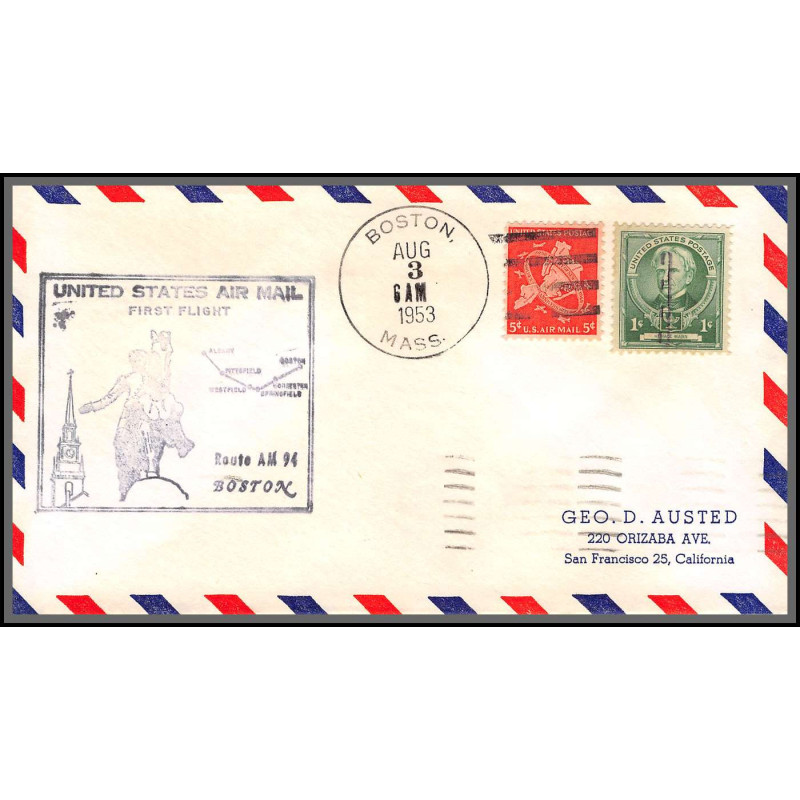 12230 am 94 boston 3/8/1953 premier vol first flight lettre airmail cover usa aviation
