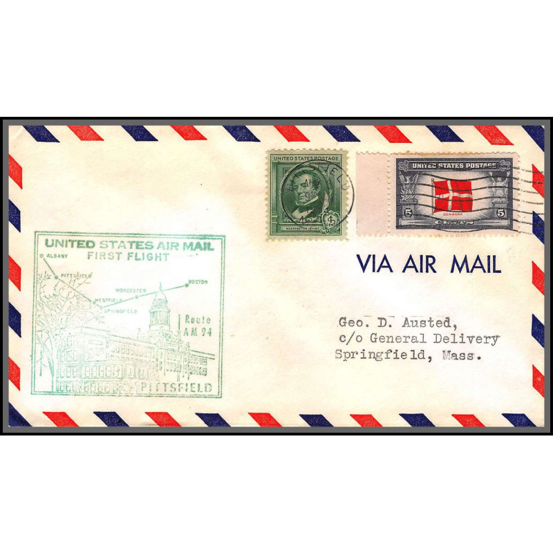 12237 am 94 pittsfield 3/8/1953 premier vol first flight lettre airmail cover usa aviation