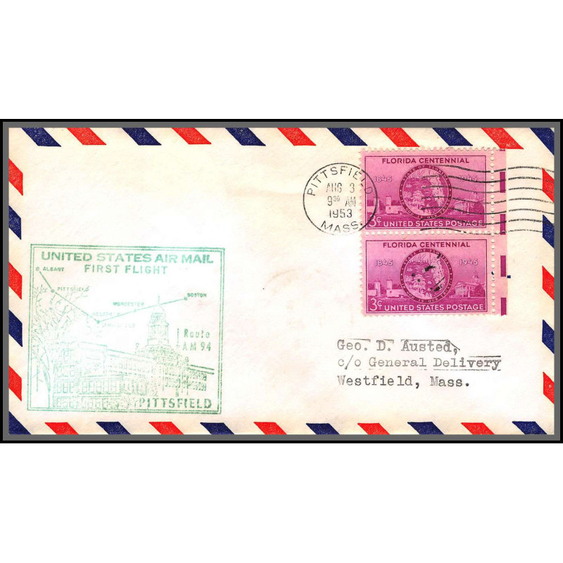 12238 am 94 pittsfield 3/8/1953 premier vol first flight lettre airmail cover usa aviation