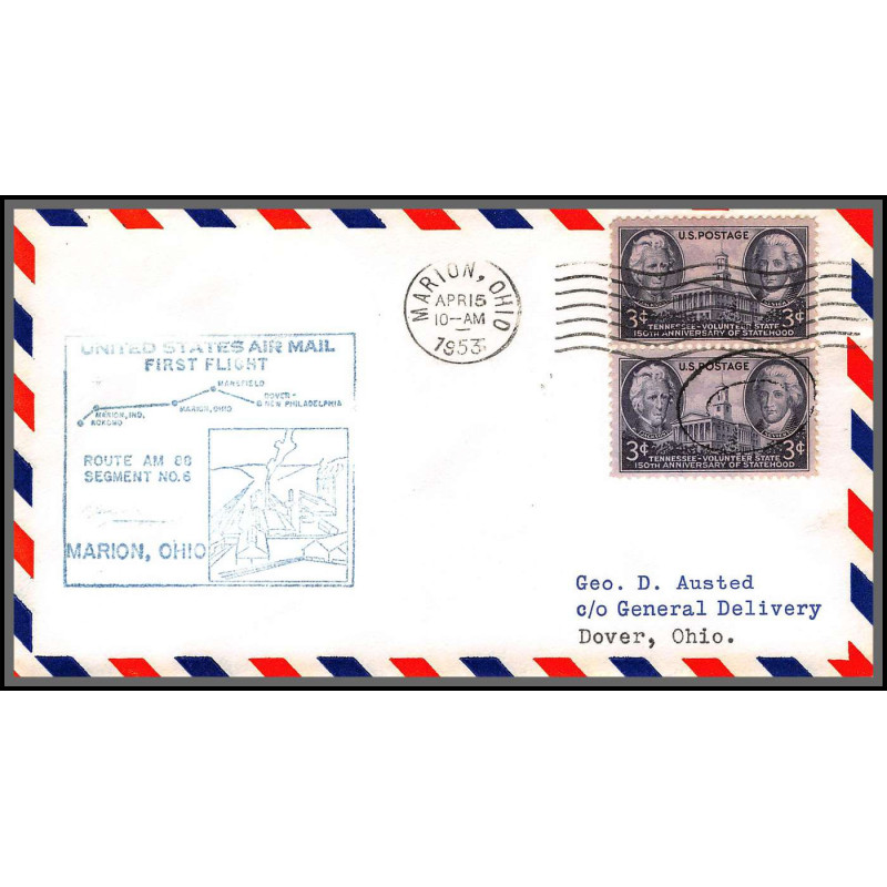 12240 am 88 marion 15/4/1953 premier vol first flight lettre airmail cover usa aviation