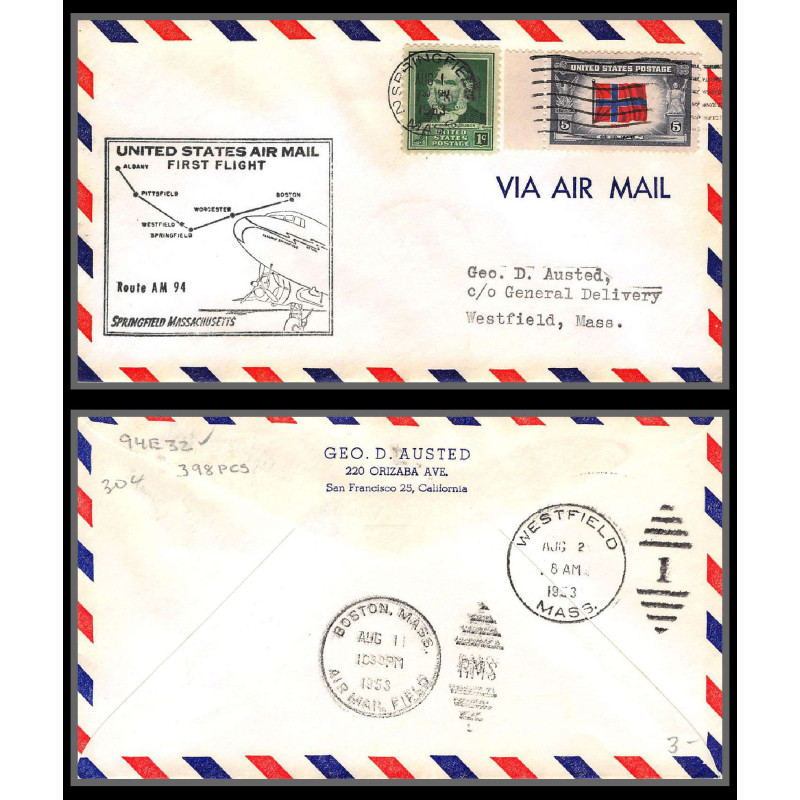 12241 am 94 springfield 1/8/1953 premier vol first flight lettre airmail cover usa aviation
