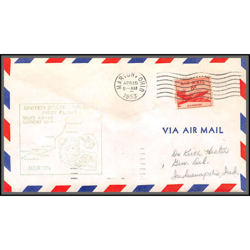 12249 cachet vert am 88 marion 15/4/1953 premier vol first flight lettre airmail cover usa aviation