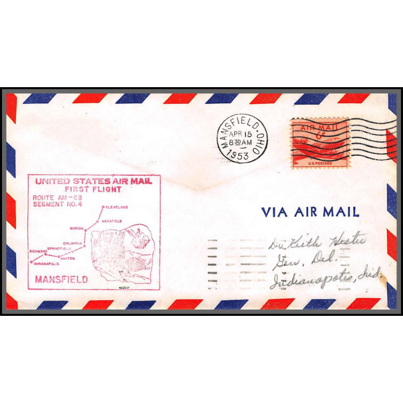 12254 lot 2 couleurs am 88 mansfield 15/4/1953 premier vol first flight lettre airmail cover usa aviation