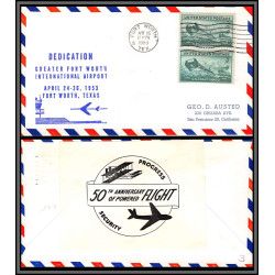 12256 dedication fort worth airport 25/4/1953 premier vol first flight lettre airmail cover usa aviation