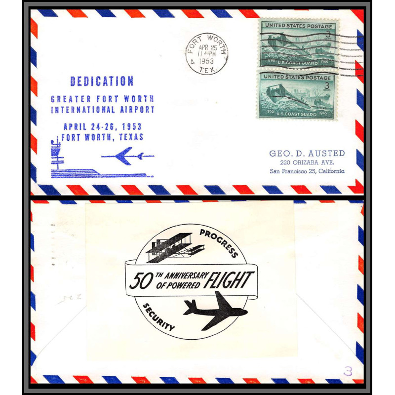 12256 dedication fort worth airport 25/4/1953 premier vol first flight lettre airmail cover usa aviation