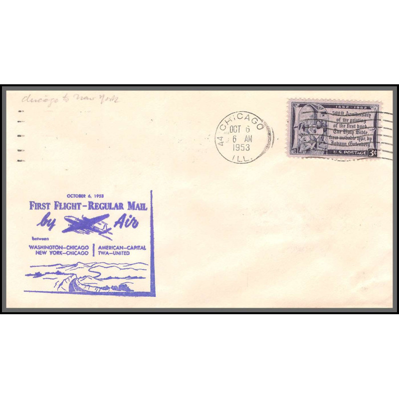 12264 twa united washington new york chicago 6/10/1953 premier vol first flight regular mail lettre airmail cover usa