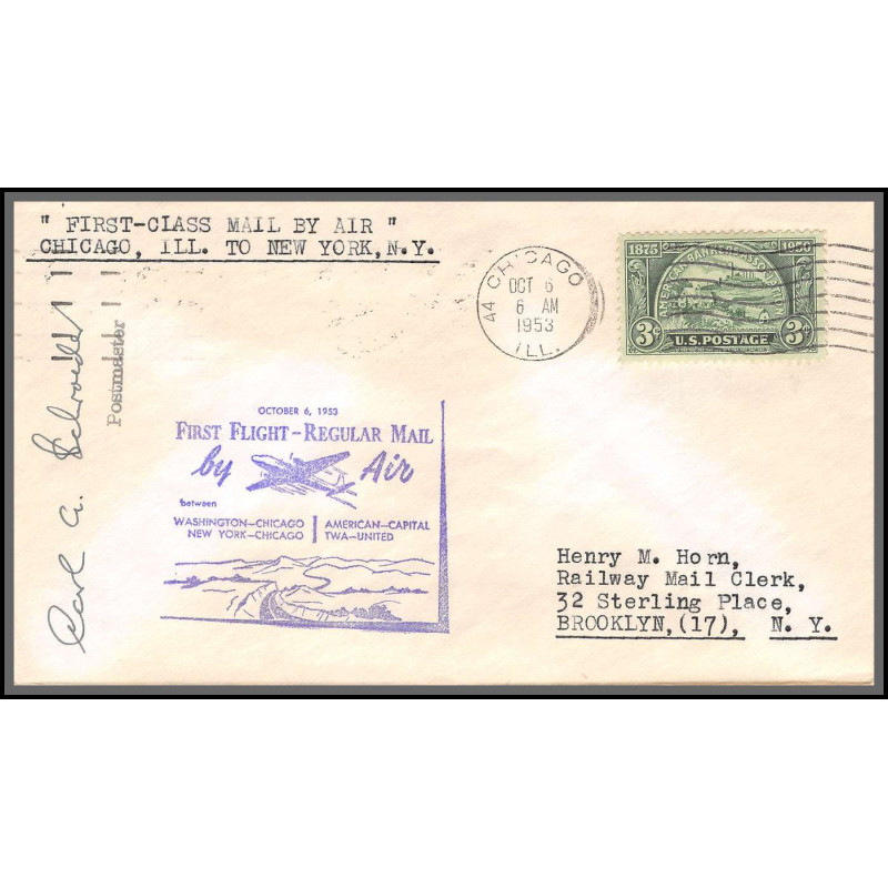 12265 signed signé twa united washington new york chicago 6/10/1953 premier vol first flight regular mail lettre airmail