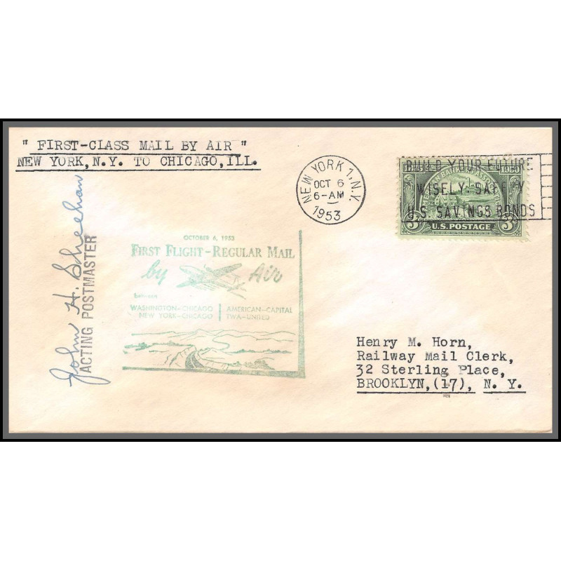 12266 signed signé twa united washington new york chicago 6/10/1953 premier vol first flight regular mail lettre airmail