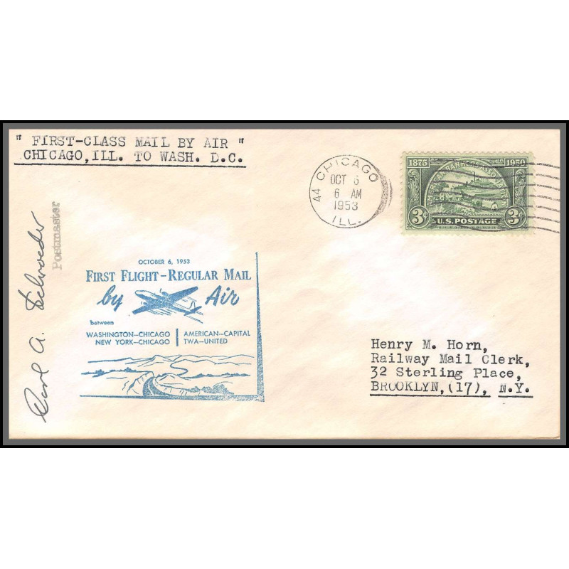 12267 signed signé twa united washington new york chicago 6/10/1953 premier vol first flight regular mail lettre airmail