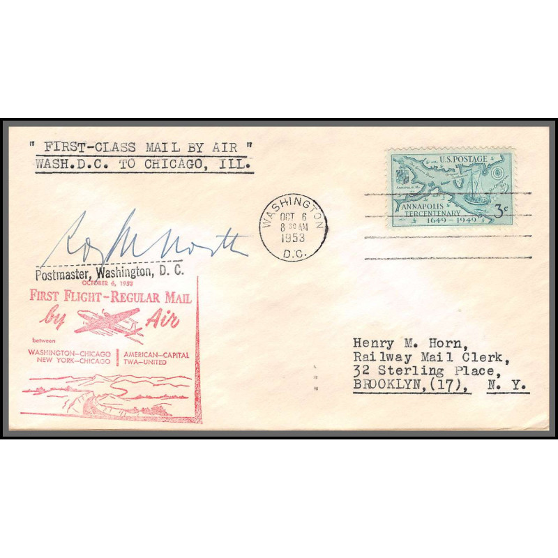 12268 signed signé twa united washington new york chicago 6/10/1953 premier vol first flight regular mail lettre airmail