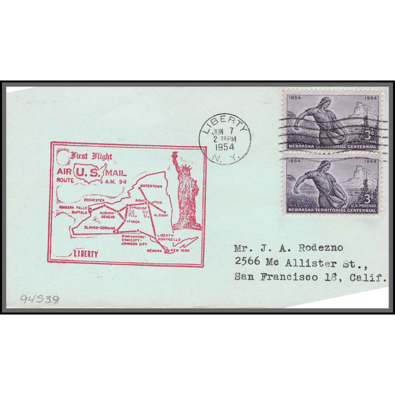 12275 am 94 liberty 7/6/1954 premier vol first flight lettre airmail cover usa aviation