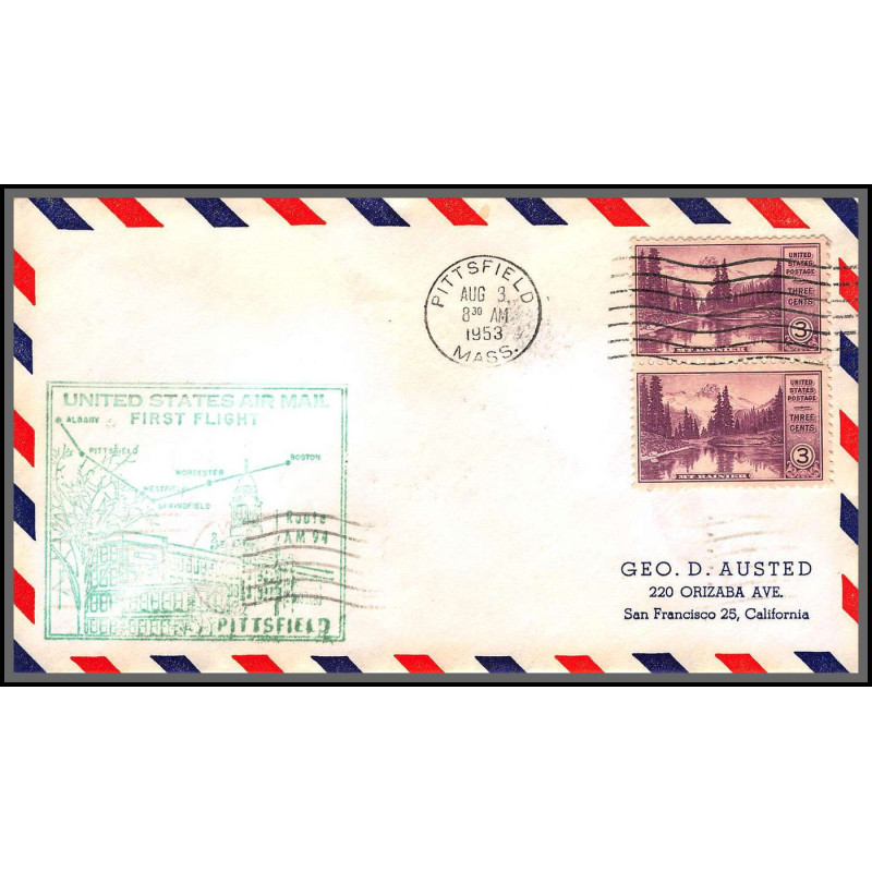 12278b am 94 pittsfield 3/8/1953 premier vol first flight lettre airmail cover usa aviation