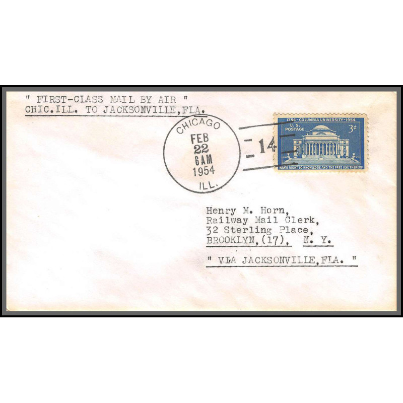 12287 chicago to jacksonville 22/2/1954 premier vol first class mail by air lettre airmail cover usa aviation