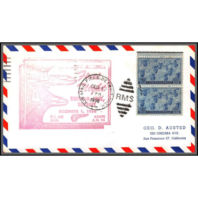 12291 am 94 detroit buffalo 1/12/1957 premier vol first flight lettre airmail cover usa aviation