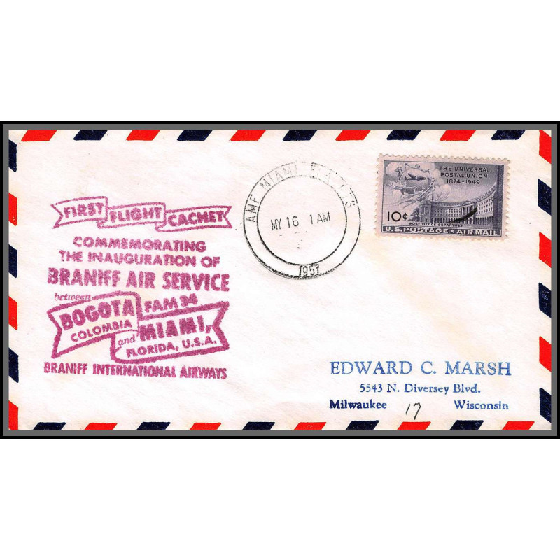 12294 fam 34 miami bogota colombia 16/5/1957 premier vol first flight lettre airmail cover usa aviation