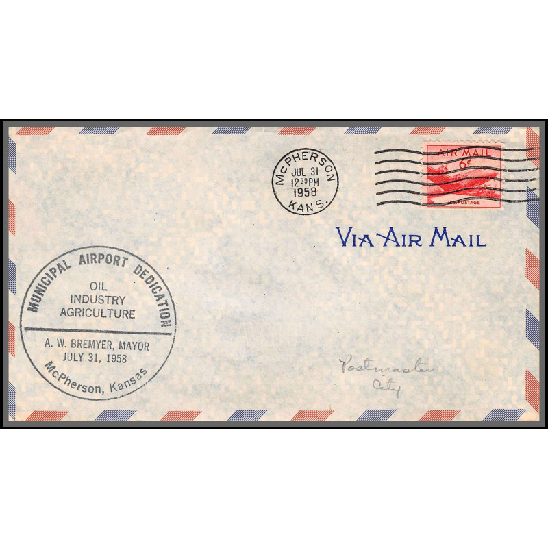 12303 dedication mc pherson municipal airport 31/7/1958 premier vol first flight lettre airmail cover usa aviation