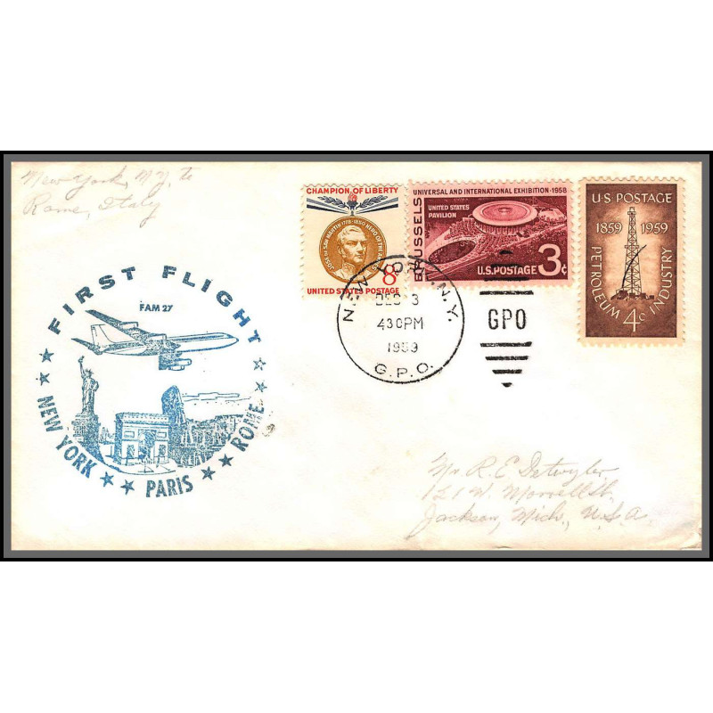 12316 fam 27 new york paris roma 3/12/1959 premier vol first flight lettre airmail cover usa aviation