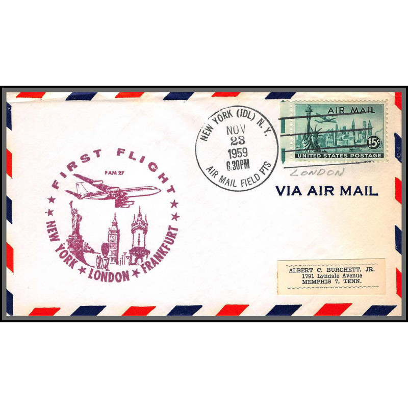 12318 fam 27 new york london frankfurt 23/11/1959 premier vol first flight lettre airmail cover usa aviation