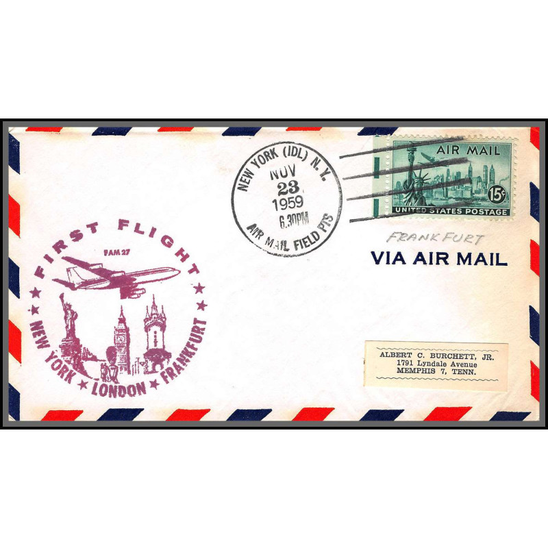 12319 fam 27 new york london frankfurt 23/11/1959 premier vol first flight lettre airmail cover usa aviation