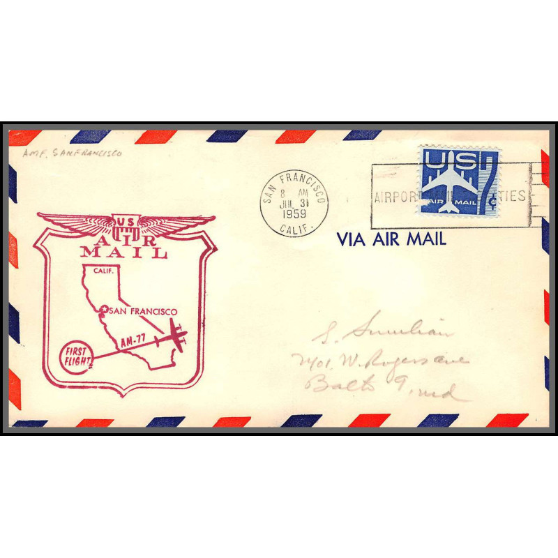 12320 am 77 san fancisco 31/7/1959 premier vol first flight lettre airmail cover usa aviation