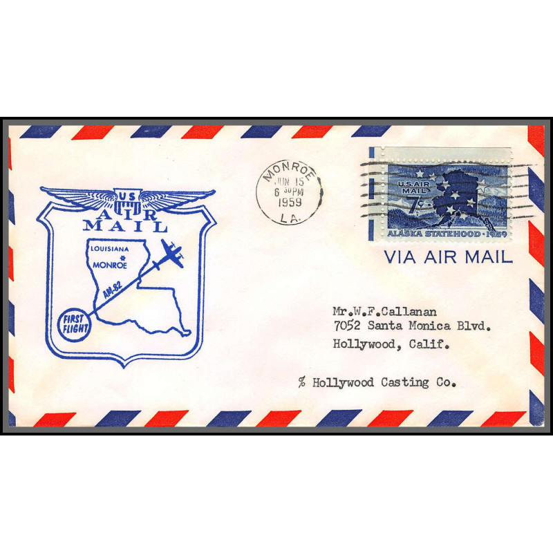 12324 am 82 louisiana monroe 15/6/1959 premier vol first flight lettre airmail cover usa aviation