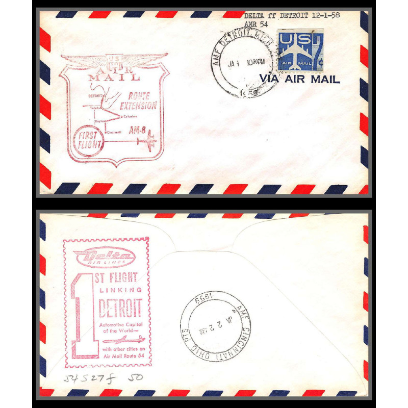 12328 am 8 detroit 12/1/1959 delta airlines premier vol first flight lettre airmail cover usa aviation