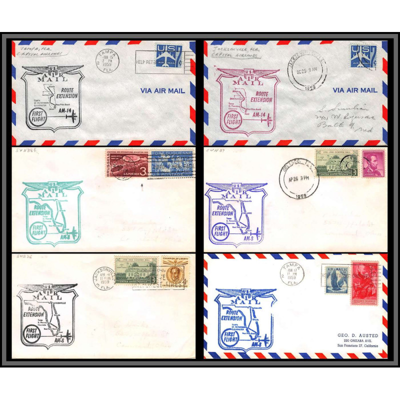 12330 am 14 extension lot de 6 tampa jacksonville miami orlando janvier 1959 premier vol first flight lettre airmail