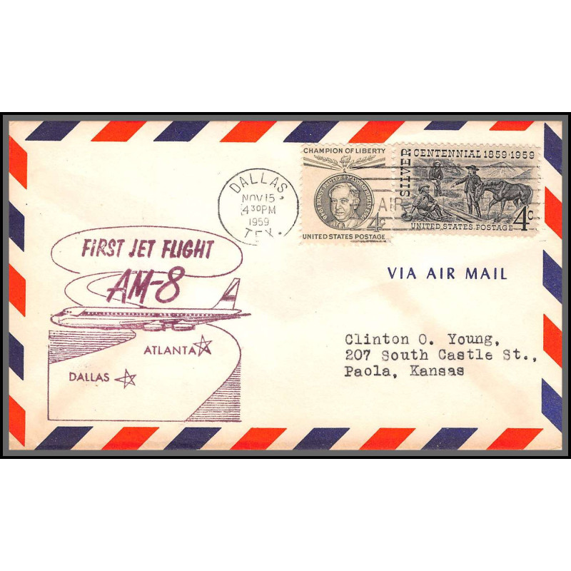 12331 am 8 dallas atlanta 15/11/1959 premier vol first flight lettre airmail cover usa aviation