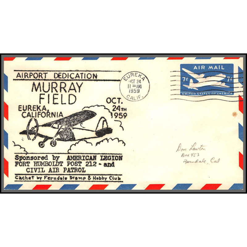 12334 airport dedication murray field eureka 24/10/1959 premier vol first flight airmail entier stationery usa aviation