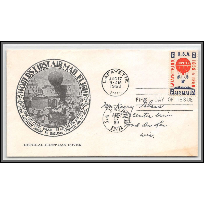 12335 lafayette indiana by baloon 17/8/1959 premier vol world first flight lettre airmail cover usa aviation