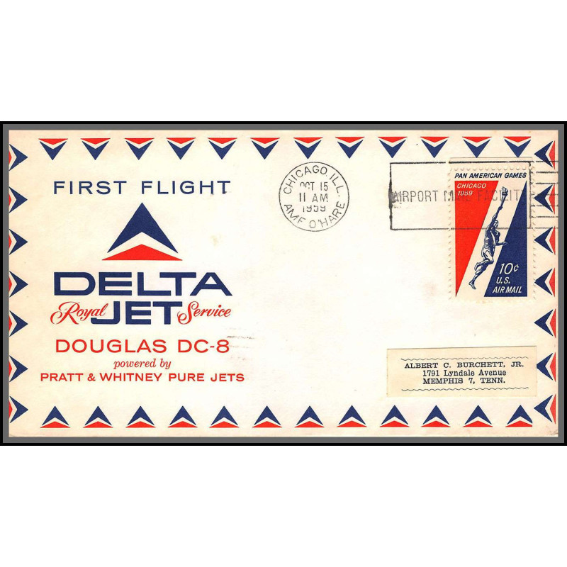 12341 am 8 royal service 15/10/1959 chicago premier vol first delta jet flight lettre airmail cover usa aviation