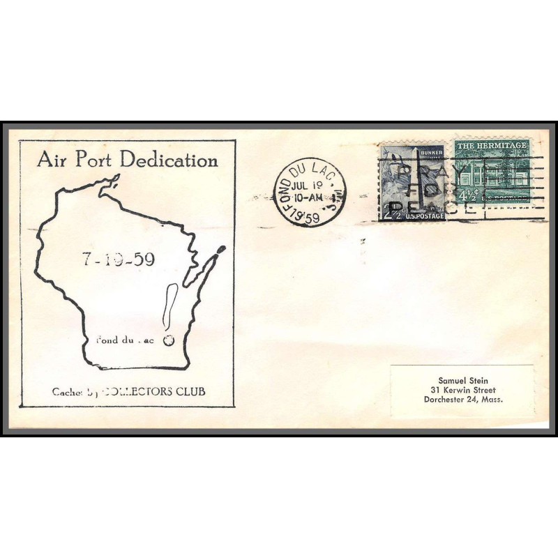 12363j airport dedication fond du lac 19/7/1959 premier vol first flight lettre airmail cover usa aviation
