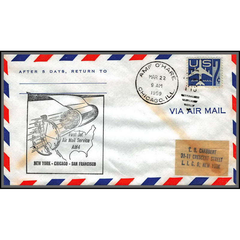 12366 cachet noir am 4 san francisco chicago new york 22/3/1959 premier vol first flight lettre airmail cover usa 