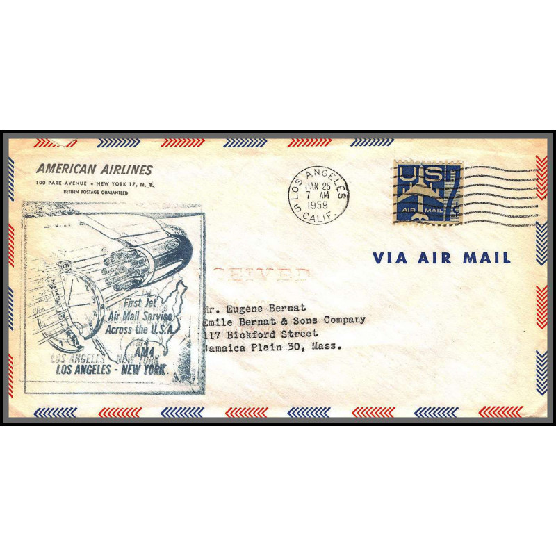 12368 cachet bleu am 4 los angeles new york 25/1/1959 premier vol first flight lettre airmail cover usa aviation