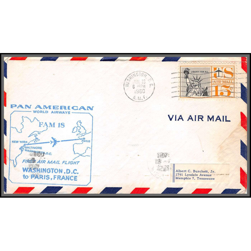 12374 fam 18 washington to paris france 18/6/1960 premier vol first flight lettre airmail cover usa aviation