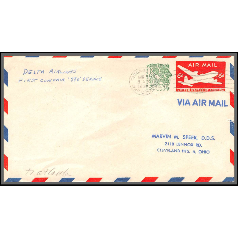 12381 delta airlines chicago atlanta august 1960 premier vol first corvair 880 service flight airmail entier stationery 
