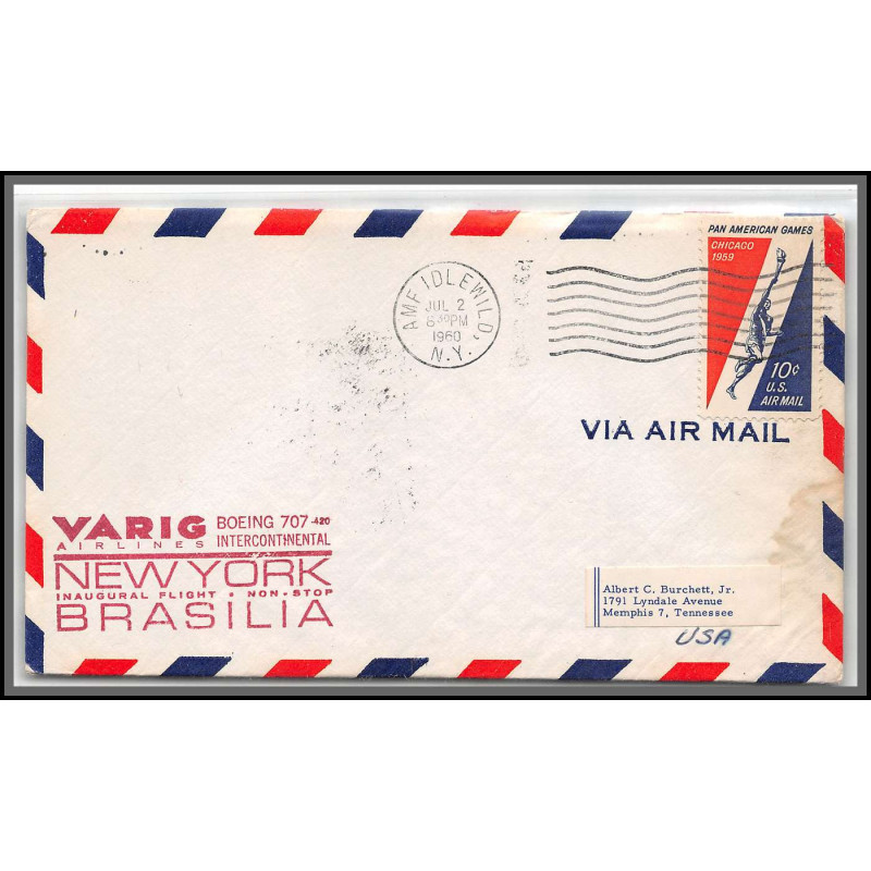 12389 new york brasilia brazil 2/7/1960 boing 707 premier vol first flight lettre airmail cover usa aviation