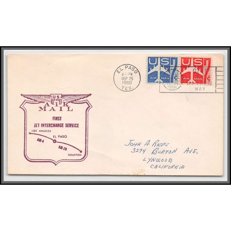 12390 am 4 am 29 el paso 25/9/1960 premier vol first jet interchange flight lettre airmail cover usa aviation