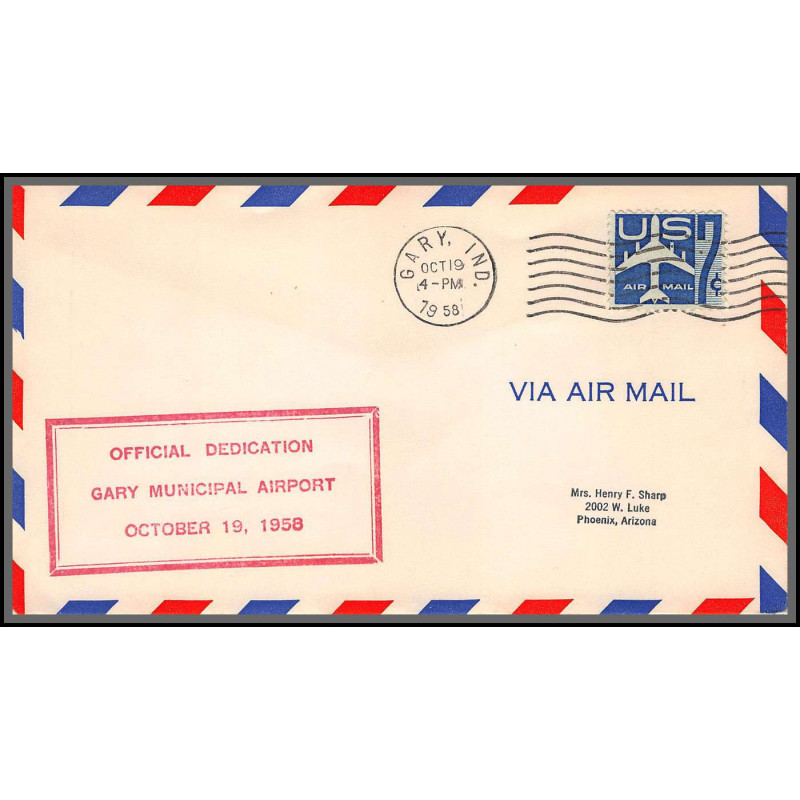 12418 gary municipal airport dedication 19/10/1958 premier vol first flight airmail entier stationery usa aviation
