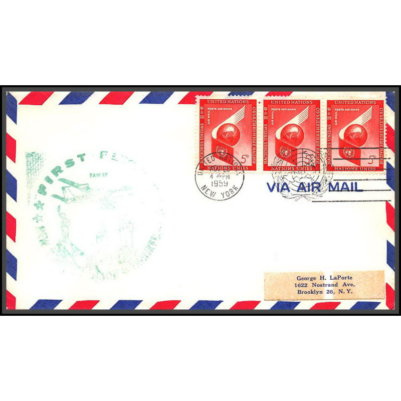 12625 fam 27 new york paris rome 2/12/1959 premier vol first flight lettre airmail usa new york united nations