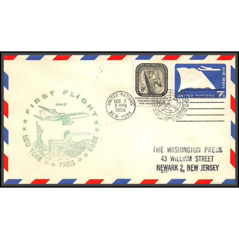 12626 fam 27 new york paris rome 3/12/1959 premier vol first flight airmail entier stationery new york united nations