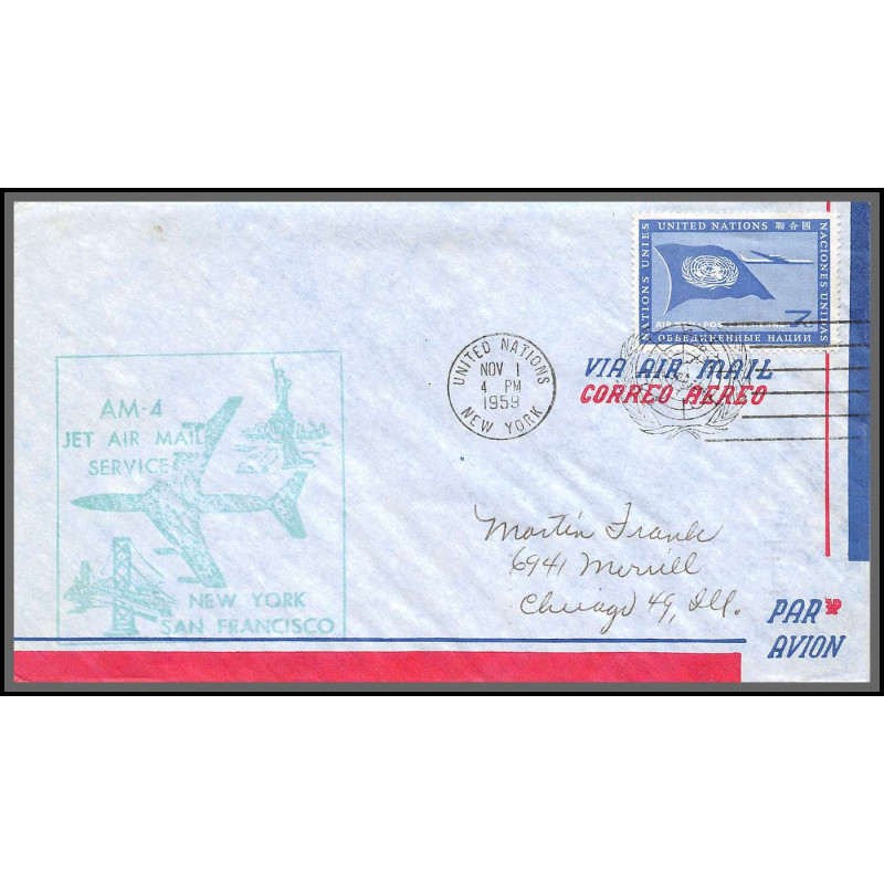 12630 am-4 1/11/1959 premier vol first flight lettre airmail cover usa new york san francisco united nations aviation