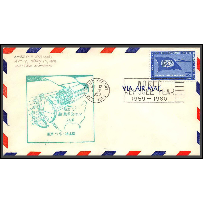 12635 am 4 12/7/1959 premier vol first flight lettre airmail cover usa new york dallas united nations aviation