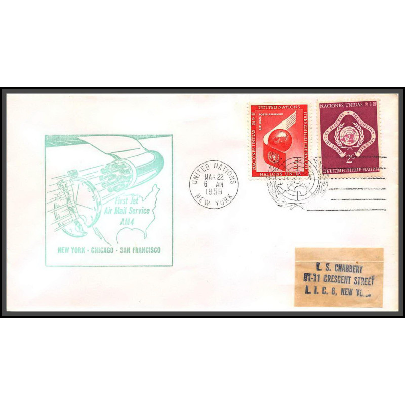 12642 am 4 22/3/1959 premier vol first flight lettre airmail cover usa new york chicago san francisco united nations