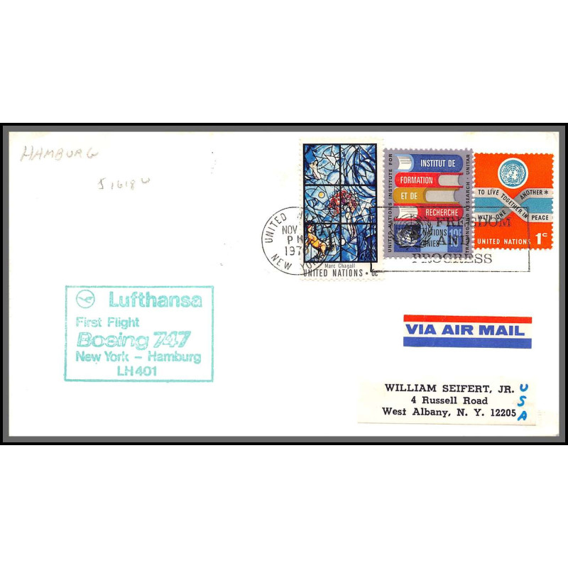 12646 lufthansa boing 747 1/11/1970 premier vol first flight lettre airmail usa new york hamburg germany united nations